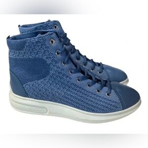 ECCO Ladies Soft 3 High Top Lace Up Blue Knit and leather Sneakers